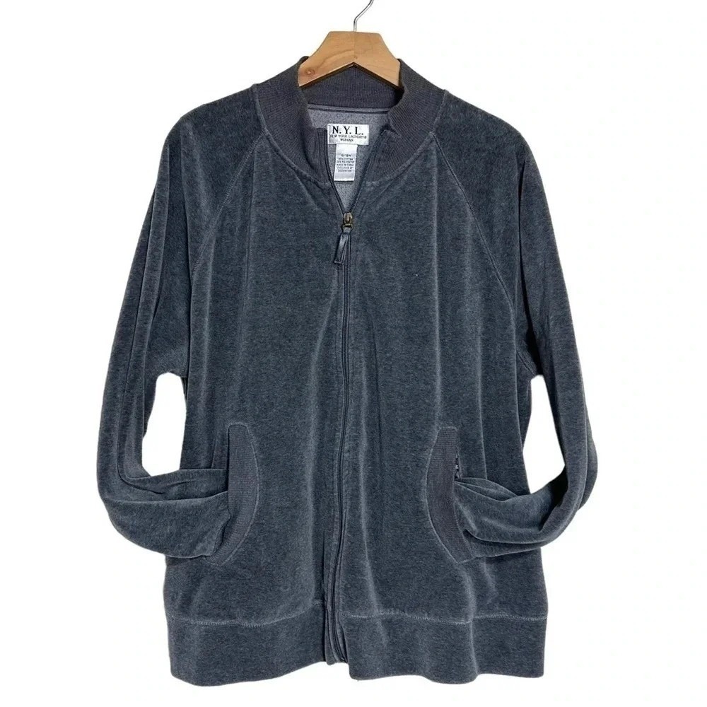 N.Y.L. New York Laundry Zip Up Jacket 16/18W Gray Velour Mock Neck Athleisure